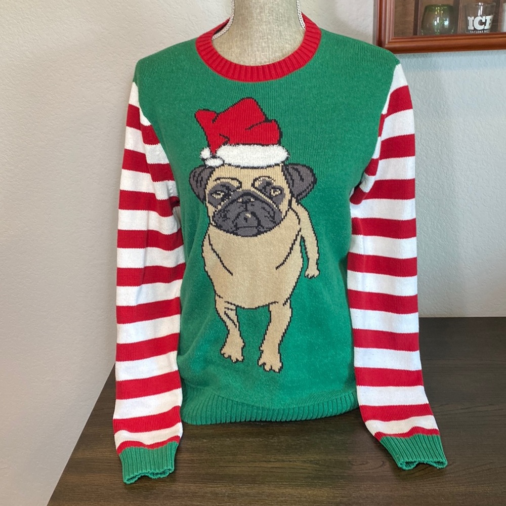 Ugly Christmas Sweater with Pug in Santa Hat